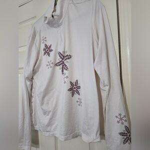 Athleta Womens 1/4 Zip Long Sleeve Stretch White Burgandy Snowflakes Size 1XL